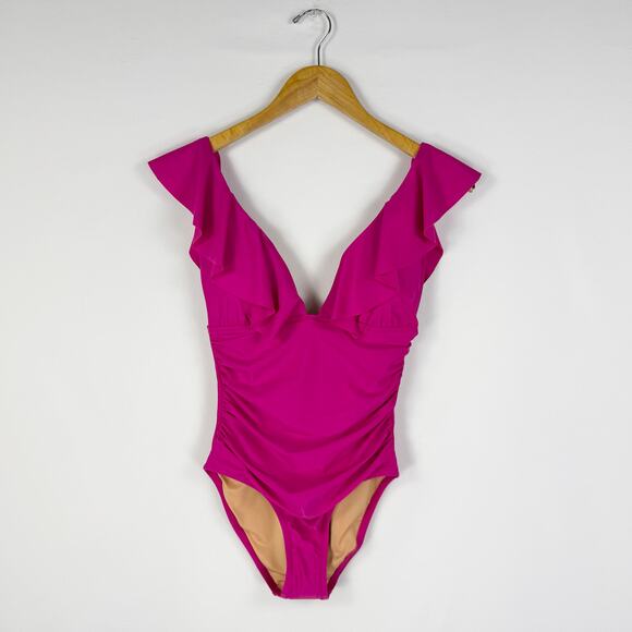 J Crew Womens Ruched Ruffle One Piece Swimsuit Size 4 Pink - Picture 2 of 14